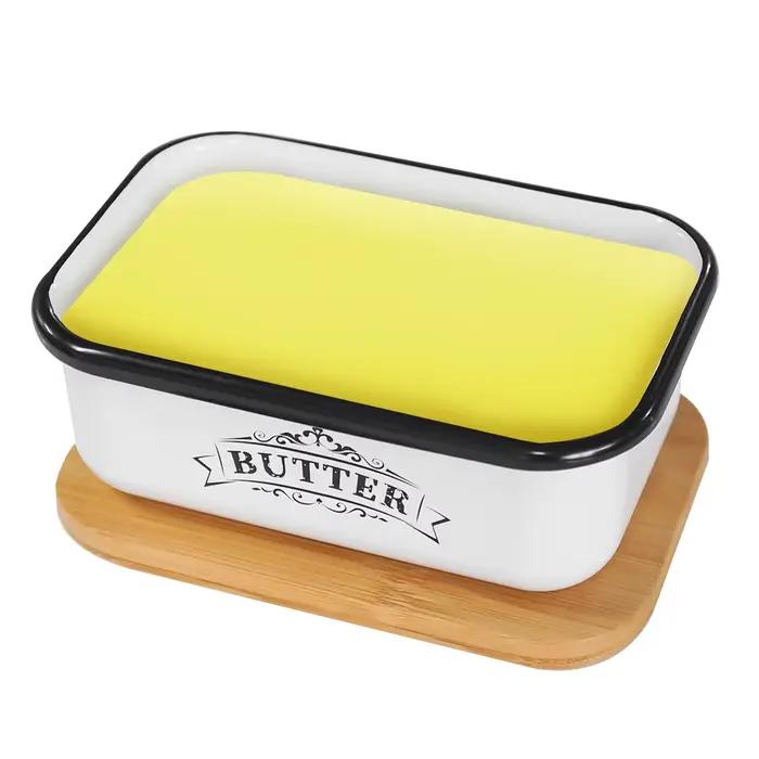 Beurrier avec Couvercle Style Campagne pour Plan de Travail, Boîte à Beurre en Métal avec Couvercle en Bambou Épais, Vintage