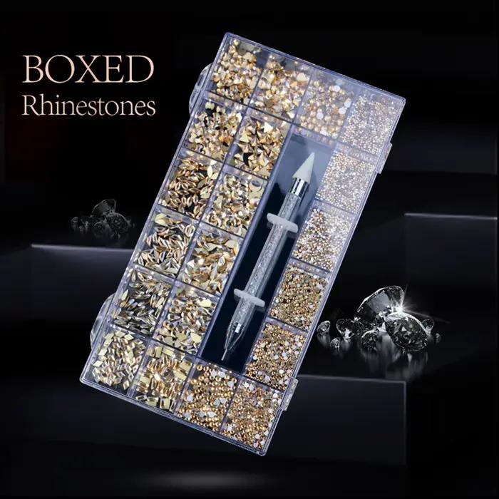 Boîte à strass à 21 grilles, mélange de diamants pour ongles, verre plat en forme de diamant, bricol