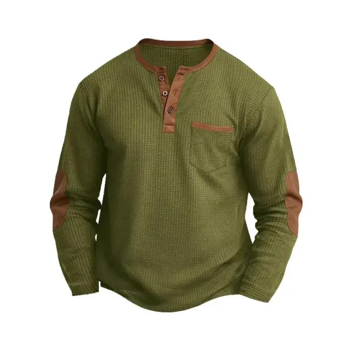 T-shirt Homme Nouvelle Collection Printemps-Automne en Coton Gaufré à Manches Longues et Col Henley