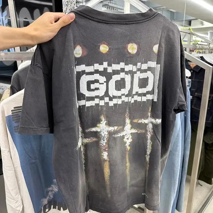 T-shirt imprimé croix pour homme et femme en coton haute qualité, décontracté, saison printemps été, design vintage délavé noir pour occasions spéciales