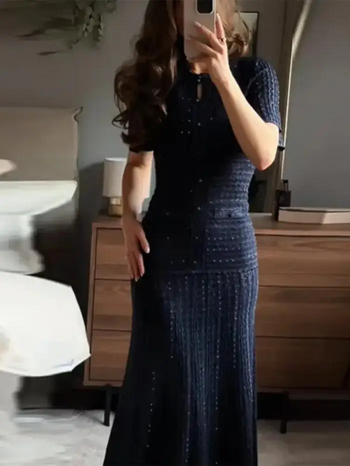 Robe longue slim en maille pour femme, à manches courtes, avec ourlet plissé, robe de soirée plissée