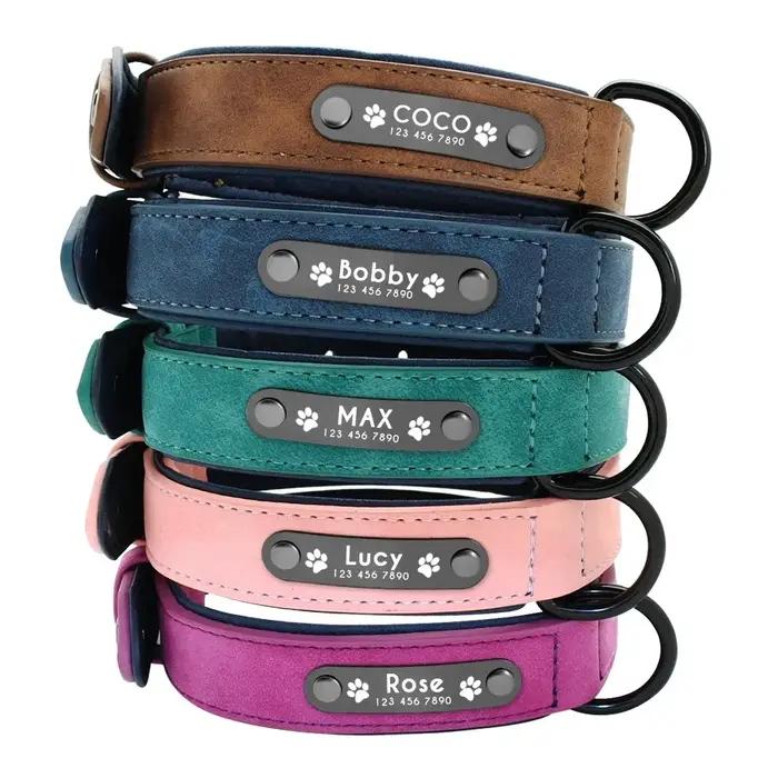 Nom de texte personnalisé collier de chien en cuir étiquettes d'identification de nom