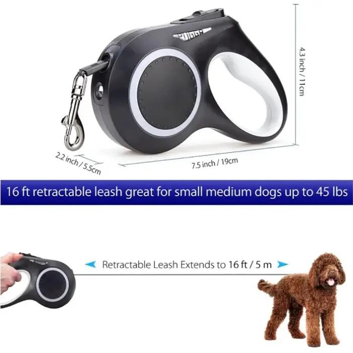 Laisse rétractable avec lampe de poche LED pour chiens de petite, moyenne et grande race