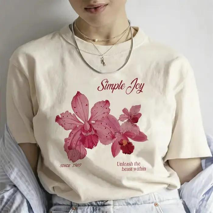 T-shirt vintage à imprimé floral décontracté pour femmes, années 90, manches courtes, polyester, été