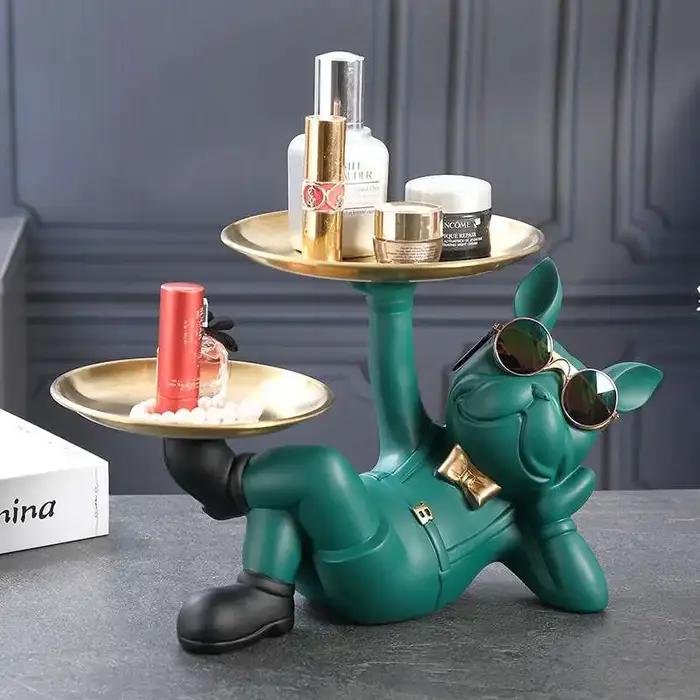 Figurines d'animaux bouledogue français nordique, plateau de Sculpture de chien Cool en résine, clé