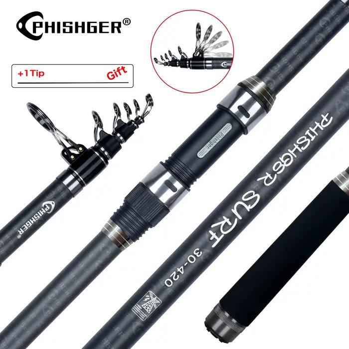 Canne surfcasting télescopique PHISHGER 3.6-5.3m - Power 80-150g carbone 30T pêche rivage mer