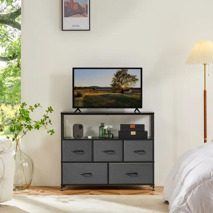 JHK cheminée meuble TV commode pour chambre à coucher avec 5 tiroirs en tissu placard de rangement poitrine vêtements