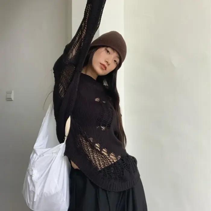 Karrram – pull gothique ajouré, surdimensionné, transparent, Streetwear, vêtements Grunge Y2k, print