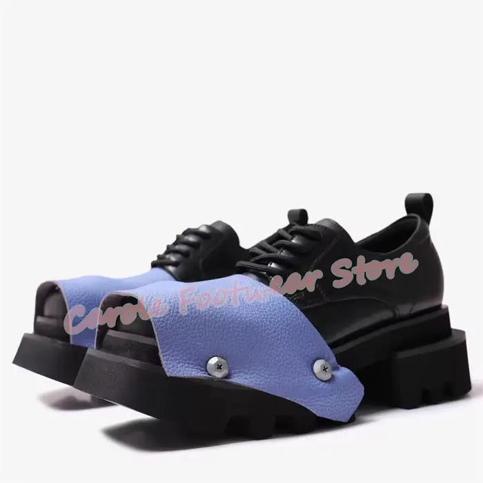 Mode couleur mixte cuir épissage Derby chaussures pour hommes Punk Rivet bout carré talon épais moca
