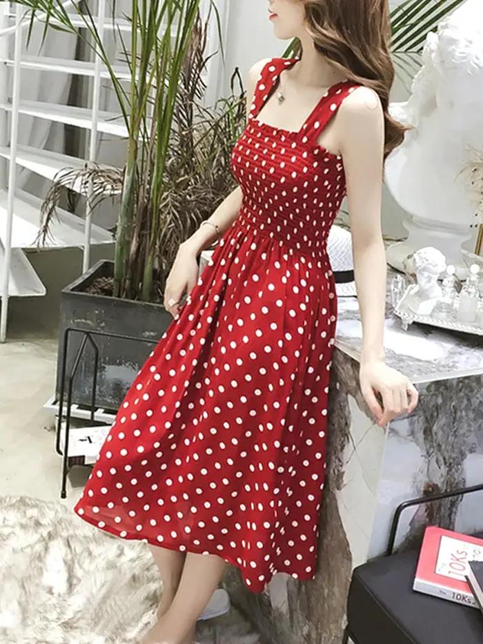 Robe longue d'été décontractée à pois vintage avec volants