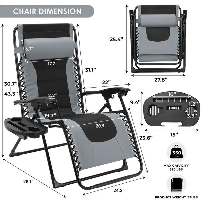 Chaise zéro gravité rembourrée, ensemble de 2 chaises inclinables pliables pour l'extérieur, chaise
