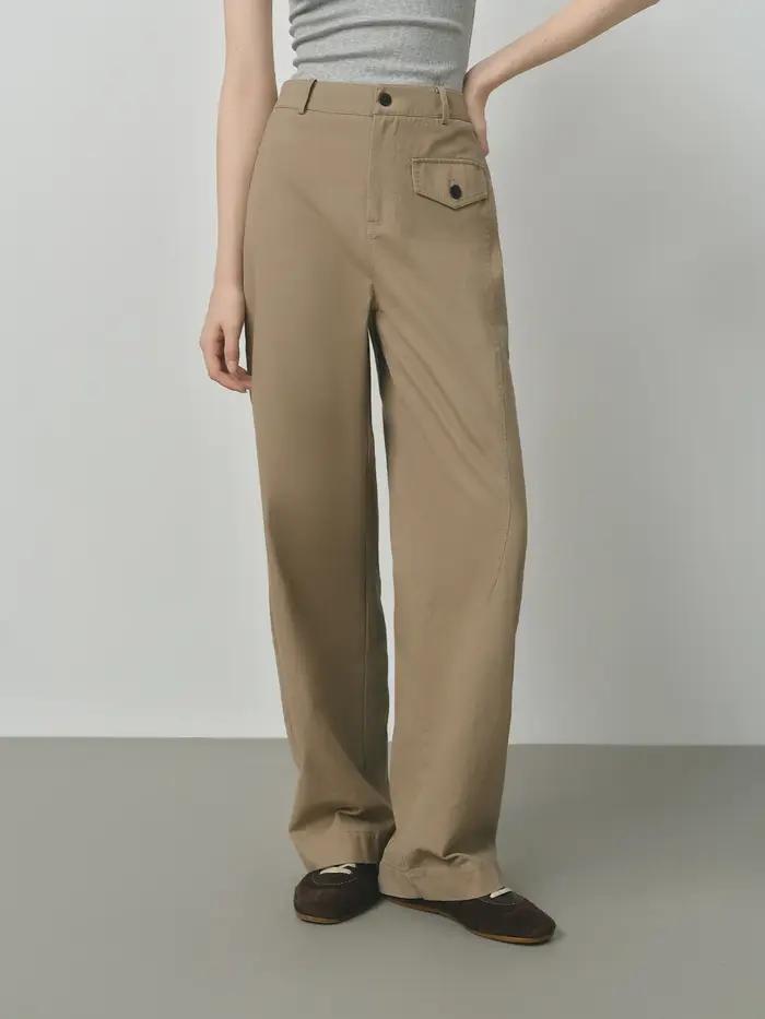 FSLE 2025 Pantalon kaki pour femme - Pantalon en coton à jambe droite Coupe décontractée d'automne S