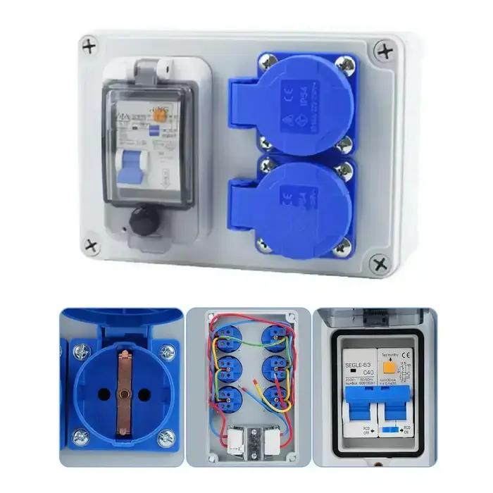 Distributeur d'alimentation mural robuste évalué IP54 avec 2 prises 16A/250V pour Schuko, sécurité maximale, installation facile, adapté aux environnements humides et difficiles