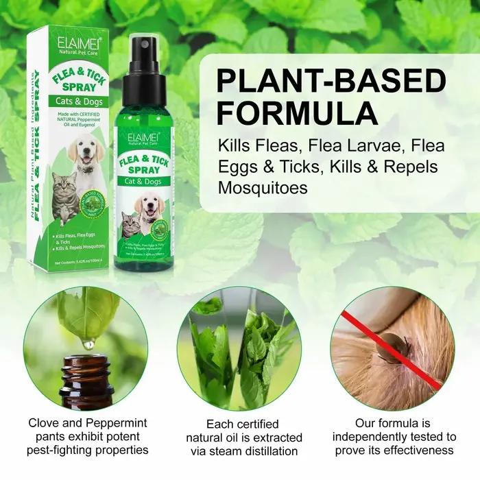 Spray anti-puces topique naturel pour chiens et chats avec huile de menthe poivrée pour protection et fraîcheur durable