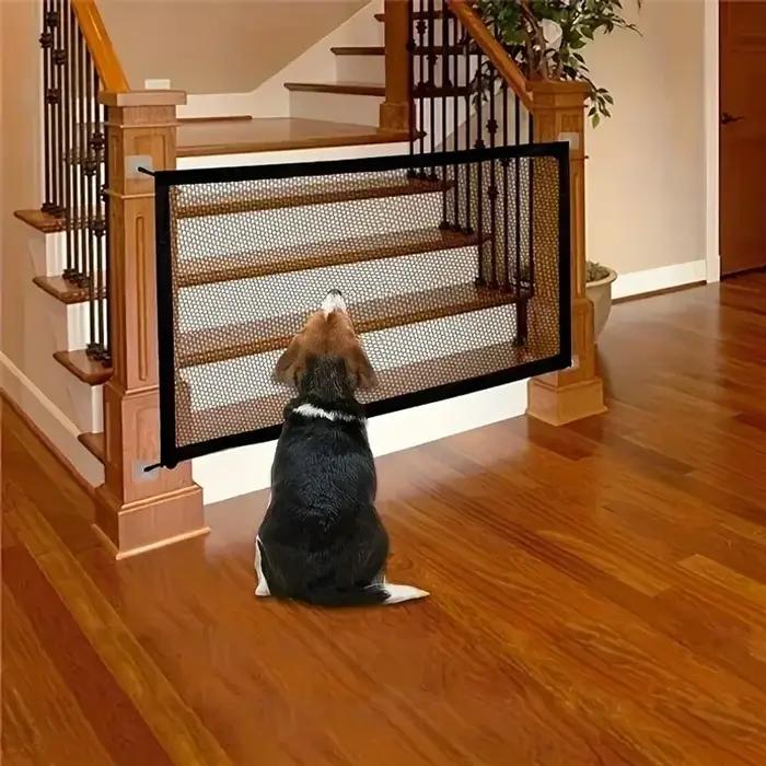 Barrière de sécurité robuste pour chiens avec crochets et filet isolant, pliable, maille respirante, porte miroir, portillon de sécurité pour animaux de compagnie pour intérieur et extérieur