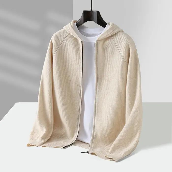 Cardigan à capuche en laine fine pour hommes, style chinois solide, tricoté par ordinateur, confortable et élégant pour l'automne et l'hiver