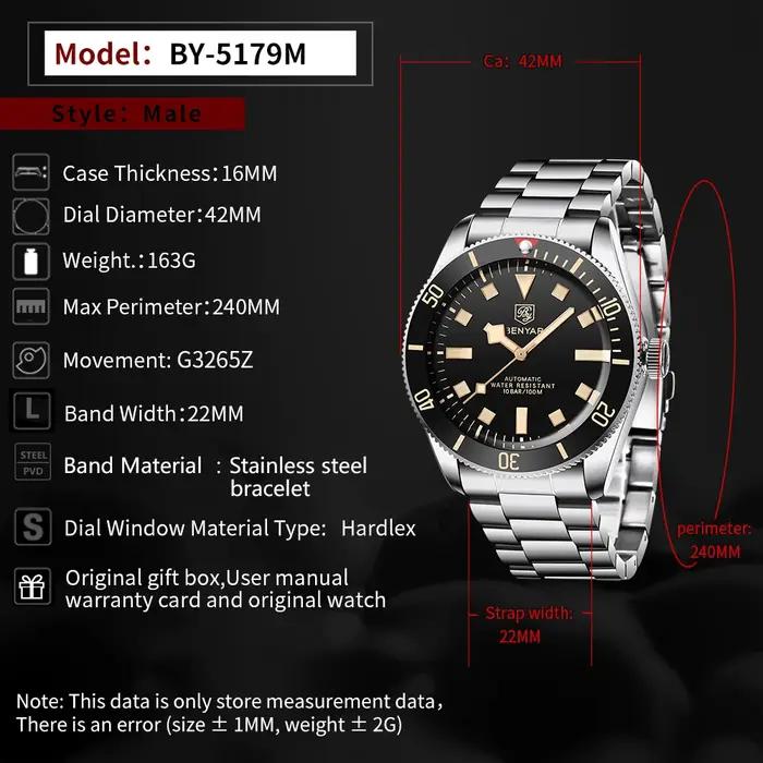 Montre automatique de luxe BENYAR 2026 pour homme bracelet mécanique étanche sport lumineuse