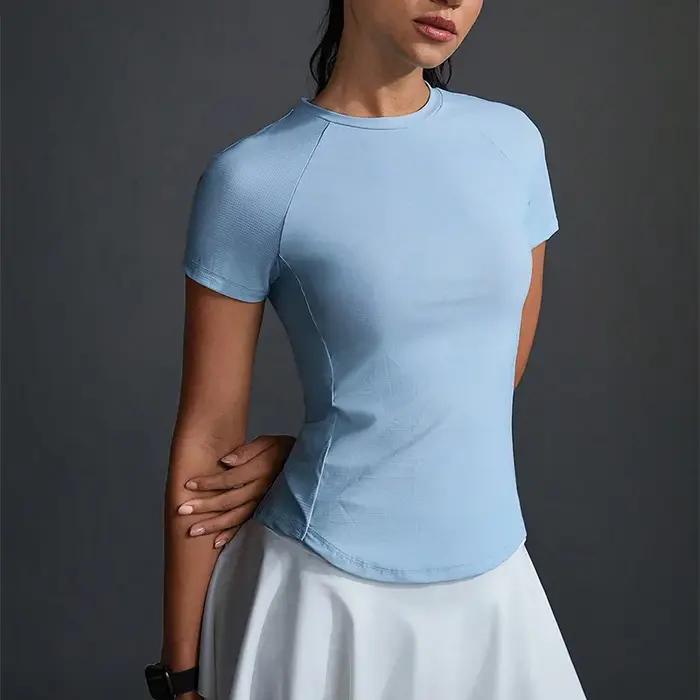 T-shirt bleu à manches courtes pour femme, coupe ajustée, col rond, tricoté, style streetwear sportif