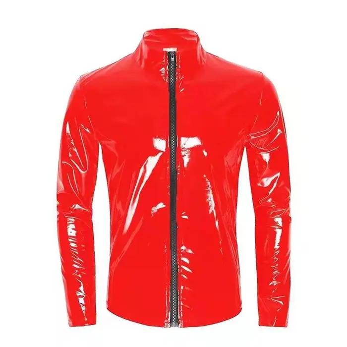 Nouveaux hommes Cardigan à fermeture éclair col montant chemise PVC brillant en cuir verni Sexy serré extensible Latex