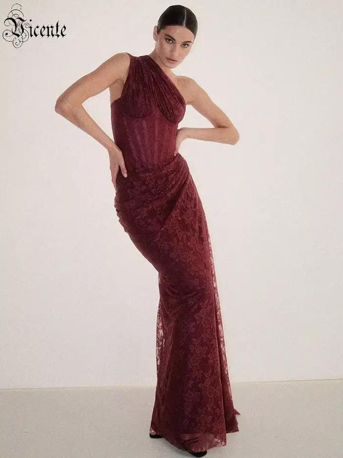 VC Robes longues élégantes en dentelle bordeaux à une épaule pour femme – Robe de soirée drapée coup