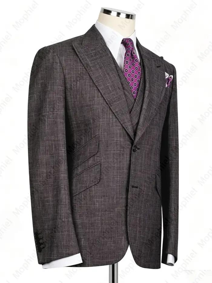 Costume Homme Marron Léger en Lin et Coton à Revers Pointus, Simple Boutonnage, pour Mariage et Affaires, Veste de Smoking + Gilet et Pantalon