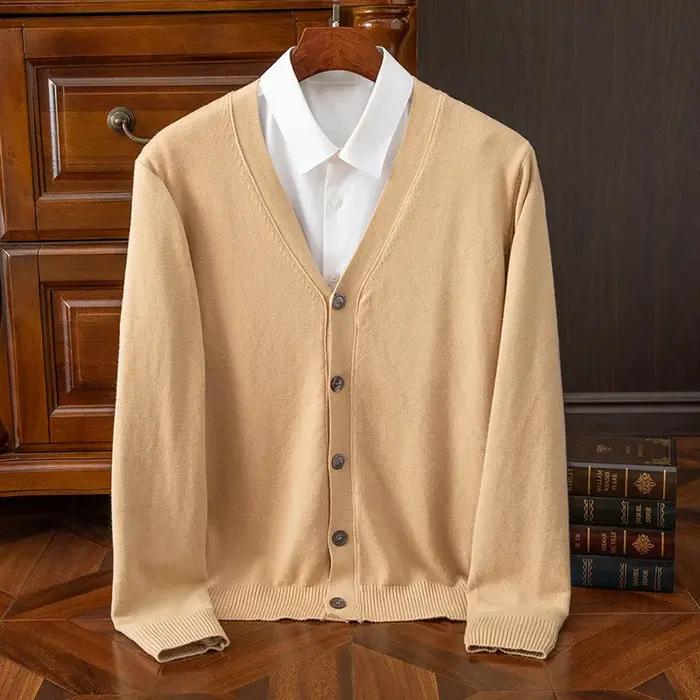 Pull en cachemire à col en V pour hommes, cardigan tricoté, manteau en laine côtelée, jersey haut de