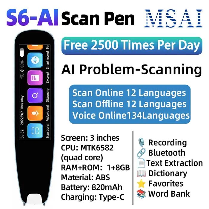 Stylo traducteur IA MSAI S6-AI scan texte 12 langues 134 traduction vocale bibliothèque étudiant