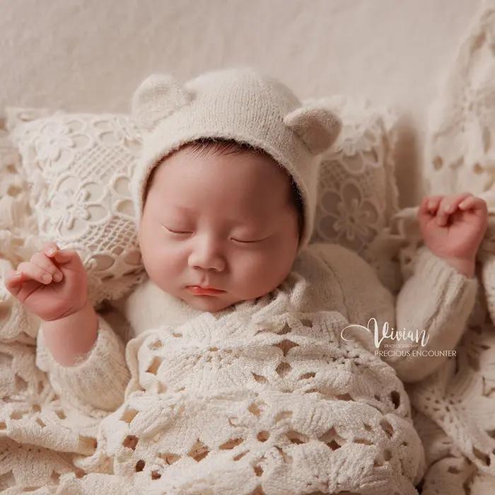 KD-Tenue de photographie pour nouveau-né, ensemble ours blanc INS, chapeau, combinaison à manches lo