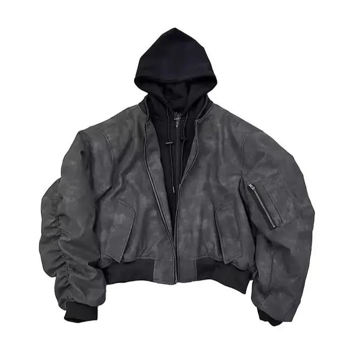 Veste Homme Printemps Automne Style Urbain Patchwork à Capuche Faux Cuir Deux Pièces Manches Longues Grande Taille Mante