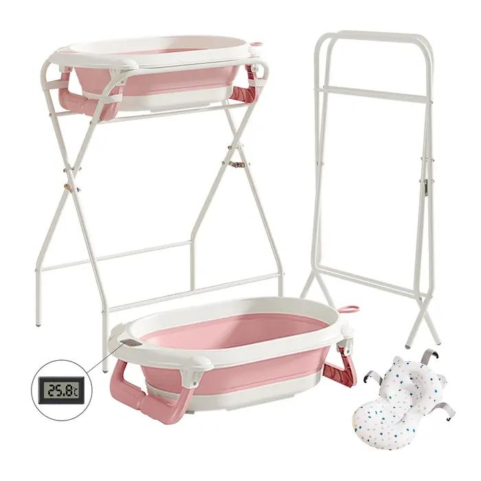 Baignoire pour bébé 3 en 1 avec support pliable, thermomètre intégré et coussins moelleux pour nouveau-né et tout-petit occasions spéciales bain quotidien visite famille voyage cadeau nouveau-né