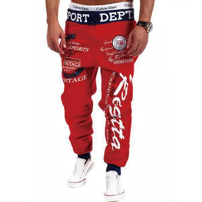 Sweatpants homme joggers élastique imprimé lettrage sport décontracté hip hop gris-bleu noir