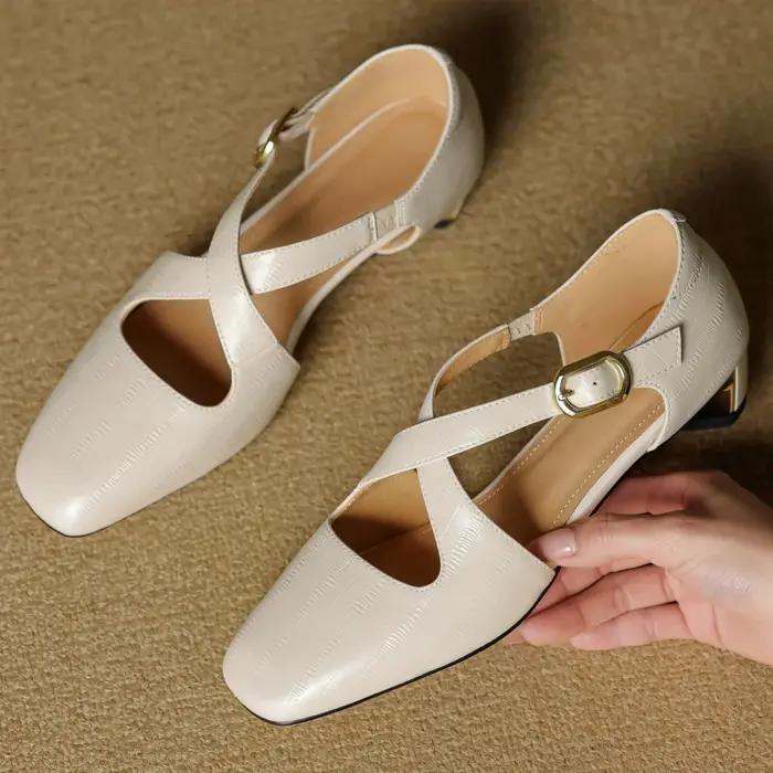 Sandales d'été à enfiler en cuir véritable pour femmes