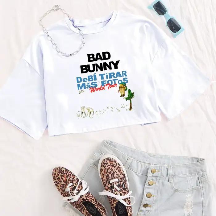 T-shirt Bad Bunny Tour 2025-2026 pour femme, col rond, manches courtes, crop top, cadeau pour les fa