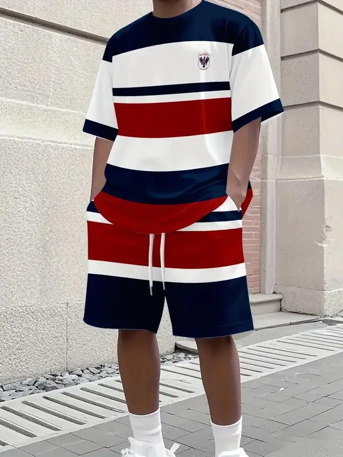 Vente chaude hommes épissé à la mode motif imprimé respirant col rond T-shirt ensemble short et haut en plein air confor