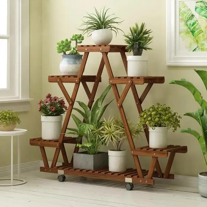 Étagère triangulaire pour plantes en bois carbonisé 6 niveaux avec roues facile à déplacer pour jardin balcon maison occasions spéciales
