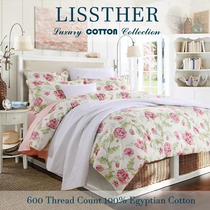 Ensemble de housses de sport en coton égyptien, sans noyau, fleuri, rose et vert, shabby chic, doux