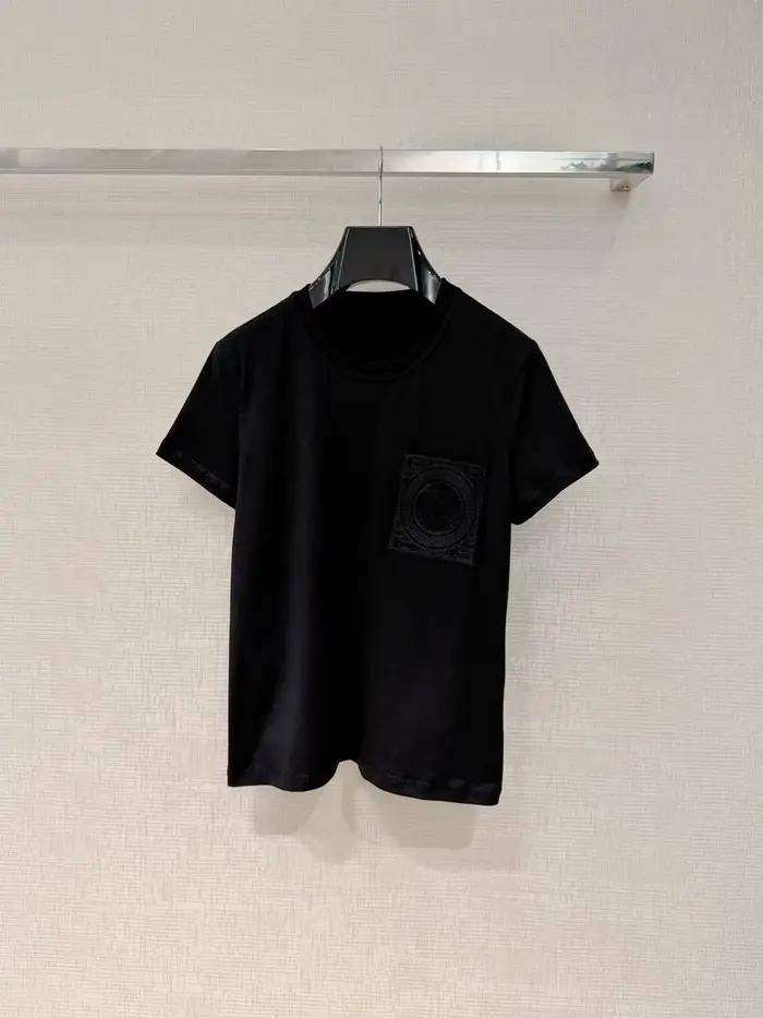 T-shirt Femme Haut de Gamme en Soie Brodé à Manches Courtes avec Poches – Collection Printemps/Été 2