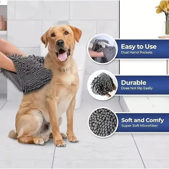 Serviette de bain en chenille pour chiens et chats avec poches pour les mains ultra-absorbante pour bains quotidiens et promenades sous la pluie