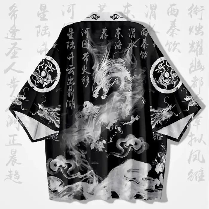 Chemise homme kimono traditionnel japonais imprimé dragon à l'encre coupe ample et confortable été décontracté