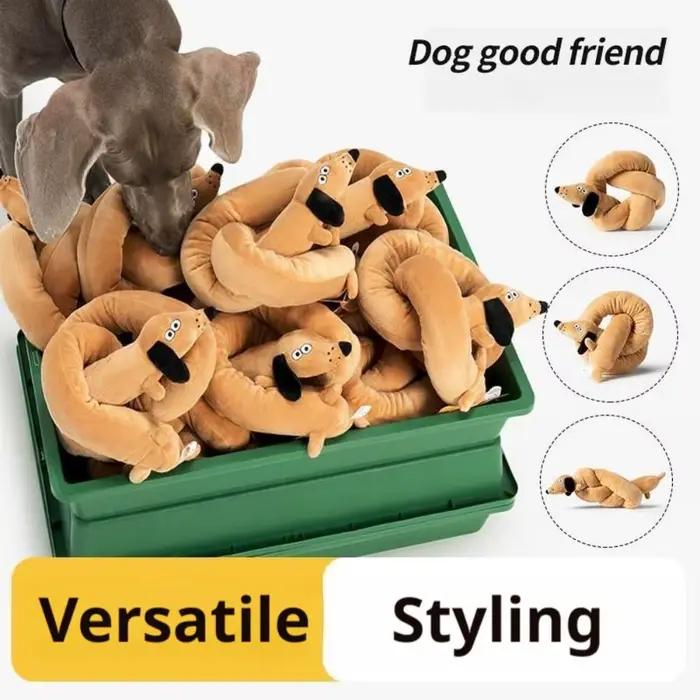 Peluche chien saucisse allongée avec couineur pour jeu interactif et soulagement de l'ennui