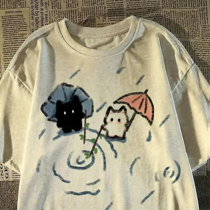 T-shirt japonais mignon en coton pur à manches courtes avec motif de chat noir et blanc, pour hommes