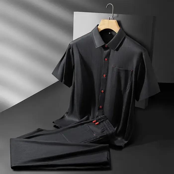Ensembles d'été de luxe Minglu en Lyocell pour hommes – Chemises unies à manches courtes et boutonnage simple