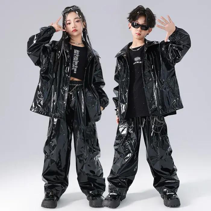 Ensembles veste et pantalon en cuir brillant pour enfants, vêtements de performance de danse sur scè