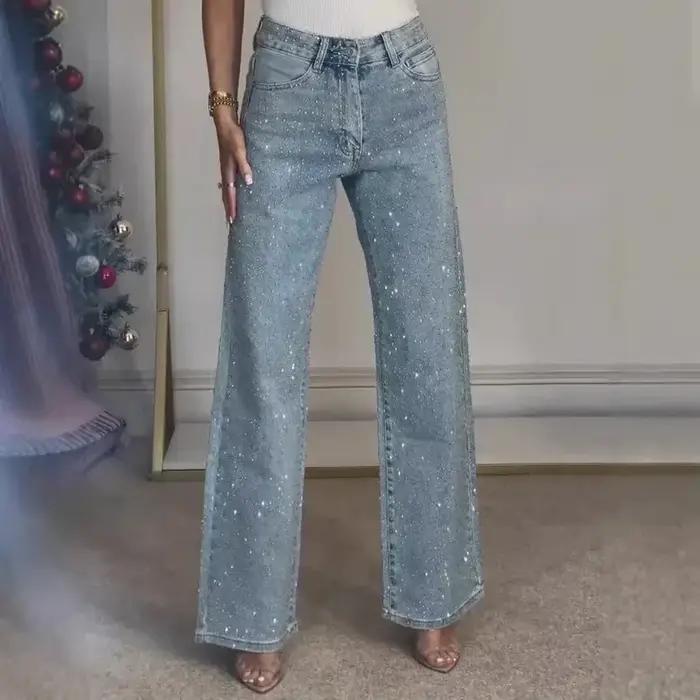 2025 femmes jean droit diamants pantalon Stretch taille haute lavé maman jean Y2k Streetwear pantalo