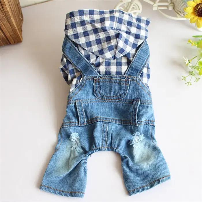 Combinaisons en jean pour chien avec patchwork à carreaux