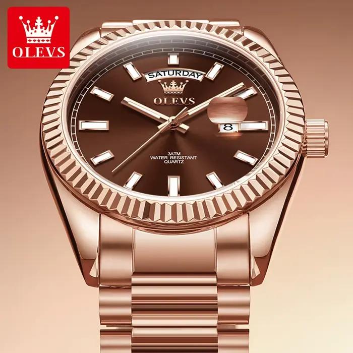 Montre homme luxe OLEVS or rose acier inox étanche avec affichage jour date pour chasseurs