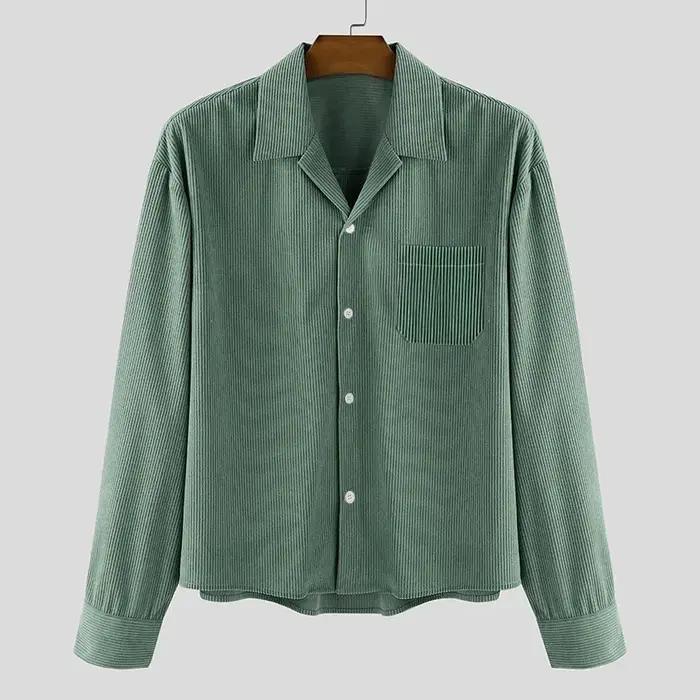 Chemises courtes en velours côtelé pour hommes, manches longues, couleur unie, col de costume, chemi