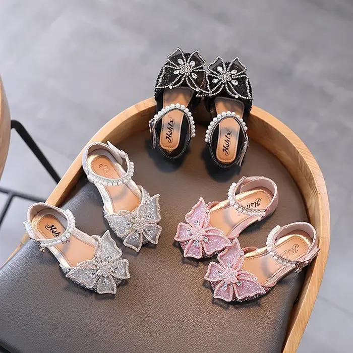 Sandales d'été pour filles, chaussures de princesse à paillettes et nœud en strass, chaussures à tal