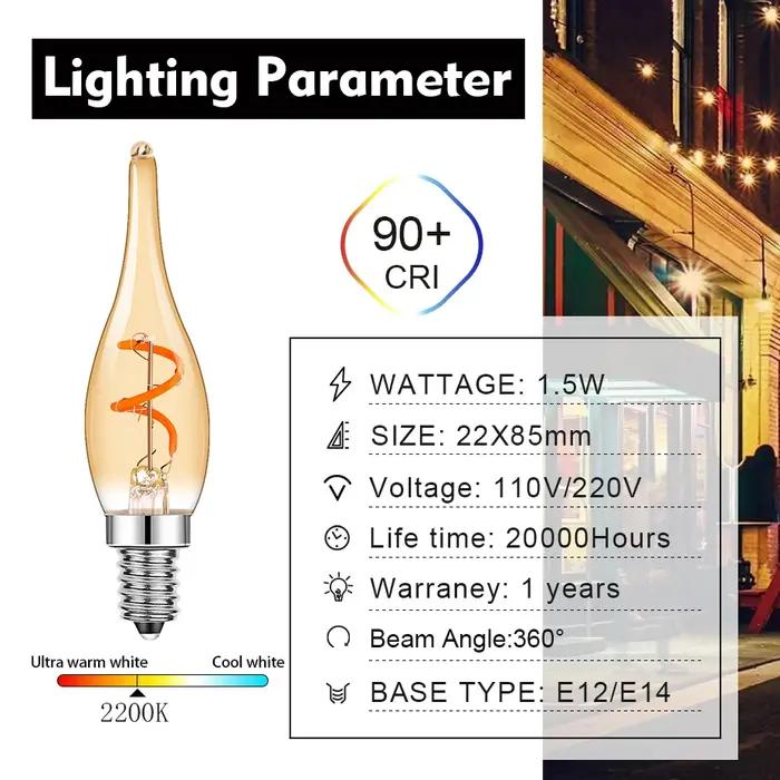 Ampoule LED à filament spiralé en forme de flamme, bougie rétro, ampoule de lustre à intensité varia