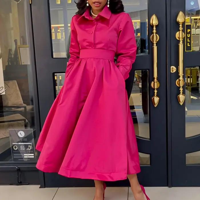 Vêtements pour femmes, nouvel article froissé, couleur unie, revers, manches longues, Robe trapèze,